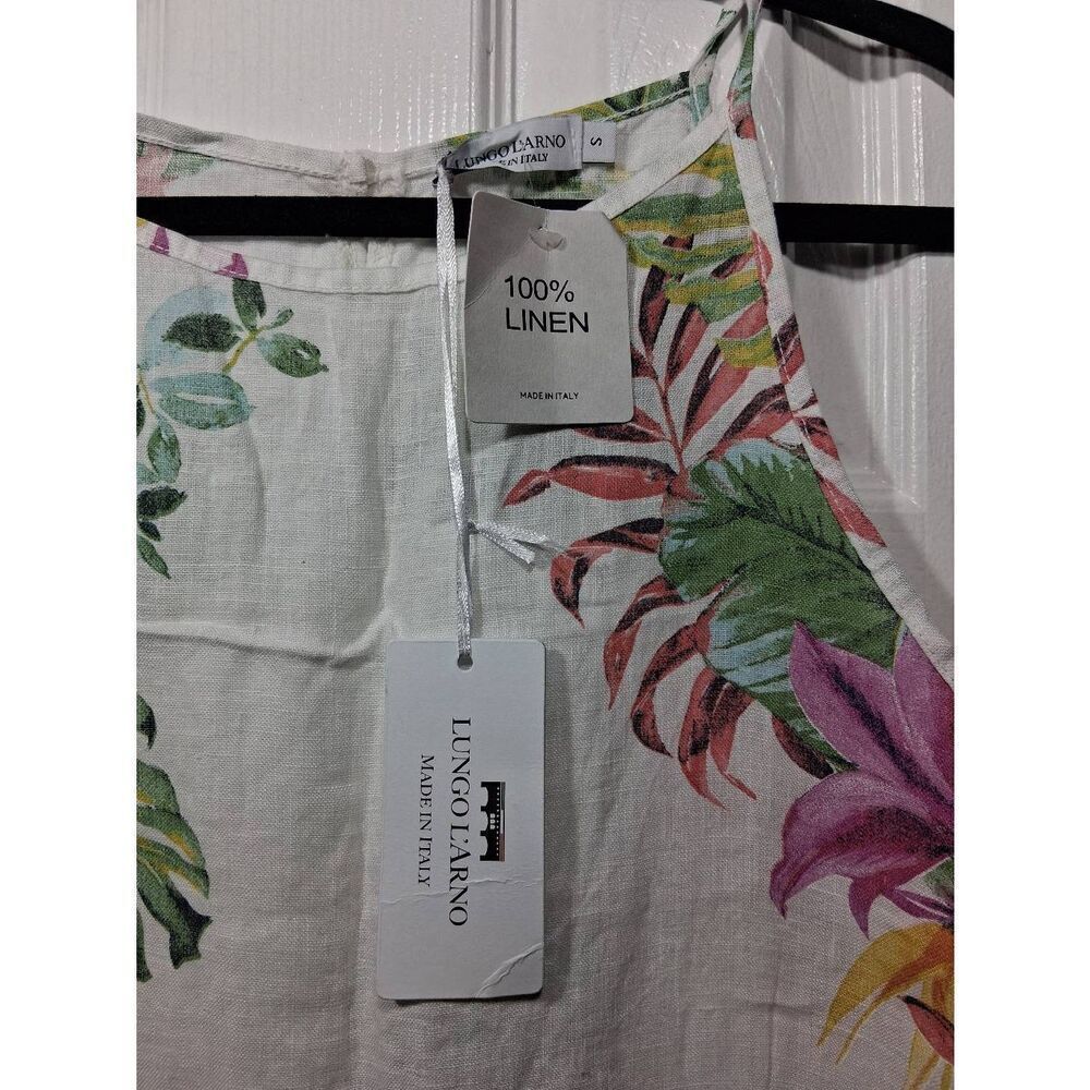 Lungo l'arno womens small shift dress 100% Italian linen white green floral - Picture 3 of 9